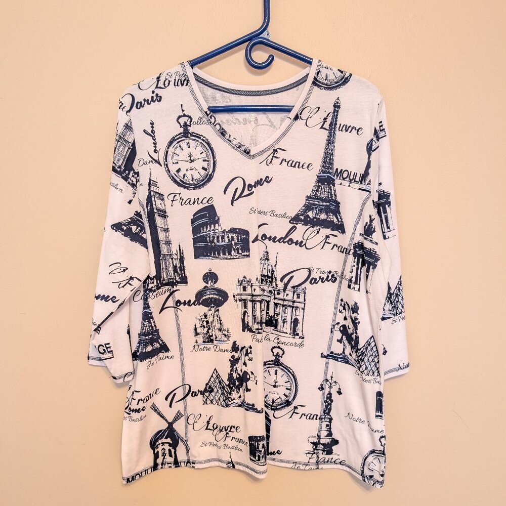 ALIA blue and white Paris London Rome t-shirt XL EUC